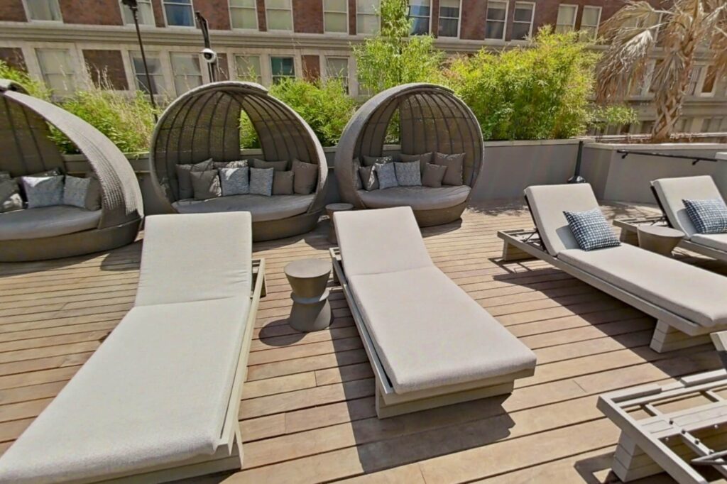 Sundeck with loung chairs and shaded couches