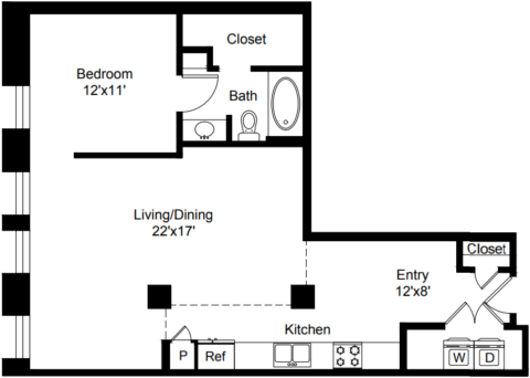 B1 Floor Plan The floor plan includes an entry space, kitchen, living and dining area, bedroom, and bath.