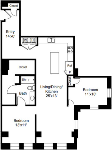 B13 Floor Plan The floor plan includes an entry space, living, dining and kitchen area, two bedrooms, and a bath.