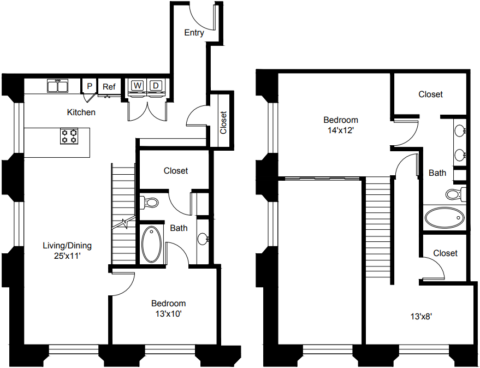 B29 Floor Plan B29 The two-level floor plan includes an entry area, kitchen, living and dining area, two bedrooms, two baths, and an additional room.
