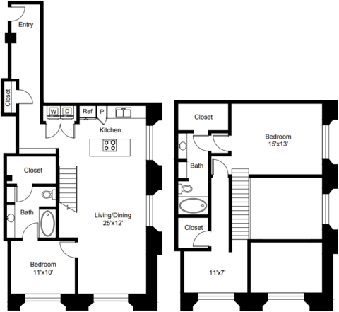 B30 Floor Plan The two-level floor plan includes an entry area, kitchen, living and dining area, two bedrooms, two baths, and an additional room.