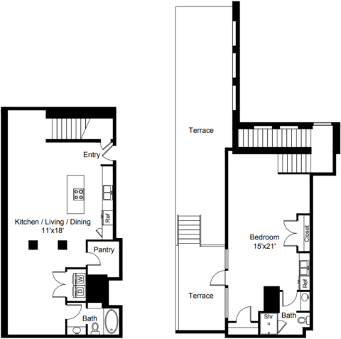 B32 Floor Plan The two-level floor plan includes a kitchen, living and dining area, a bedroom, two baths, and a terrace.
