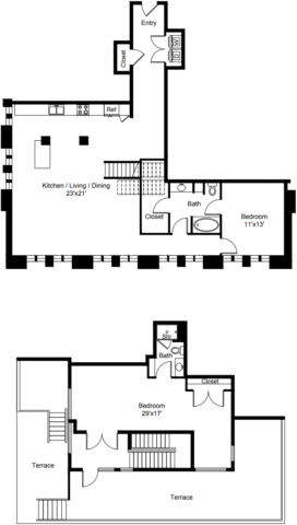 B33 Floor Plan The two-level floor plan includes an entry area, a kitchen, living and dining area, two bedrooms, two baths, and a terrace.
