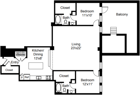 B9 Floor Plan The floor plan includes an entry space, a kitchen and dining area, a living area, two bedrooms, two baths, and a balcony.