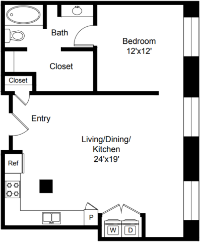 C3 Floor Plan The floor plan includes a living, dining and kitchen area, a bedroom, and a bath.