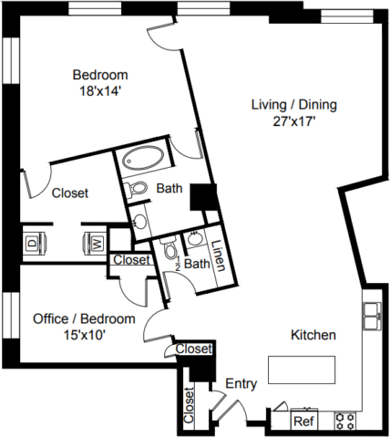 C6 Floor Plan The floor plan includes a kitchen, a living and dining area, a bedroom, an office or bedroom, a bath, and a half bath.