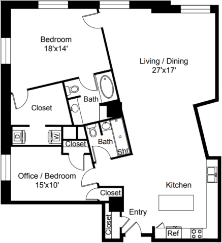 C6-2 Floor Plan C6 bathroom variation The floor plan includes a kitchen, a living and dining area, a bedroom, an office or bedroom, and two baths.
