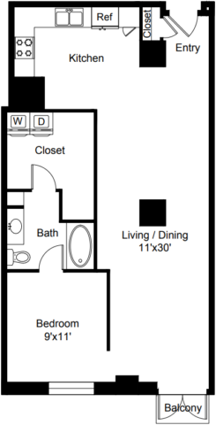 C8 Floor Plan The floor plan includes a kitchen, a living and dining area, a bedroom, and a bath.