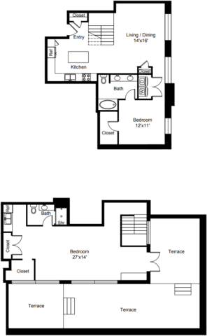 C15 Floor Plan The two-level floor plan includes a kitchen, living and dining area, two bedrooms, two baths, and a terrace.