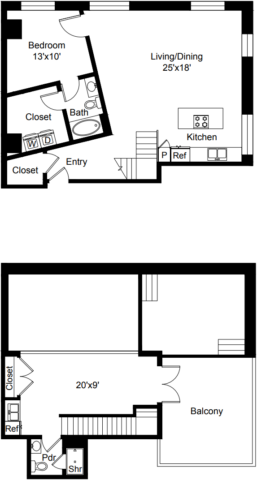 C16 Floor Plan The two-level floor plan includes an entry, kitchen, living and dining area, a bedroom, two baths, an additional room, and a balcony.