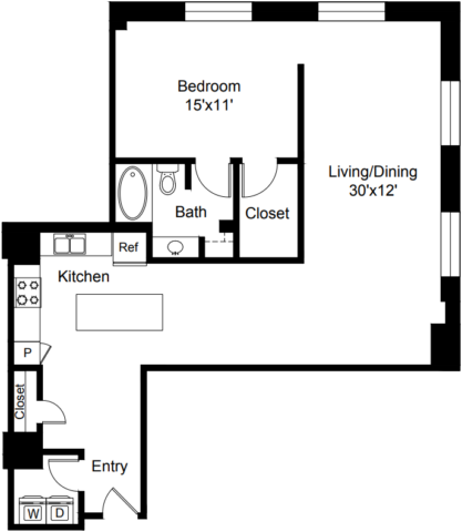 B4 Floor Plan The floor plan includes an entry, kitchen, living and dining area, a bedroom, and a bath.