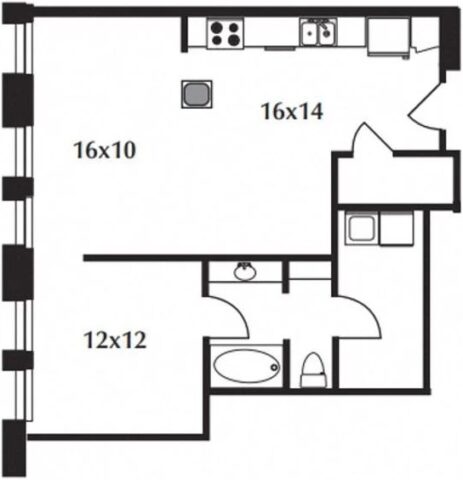 B11 Floor Plan The floor plan includes a kitchen, living area, bedroom, and bath.