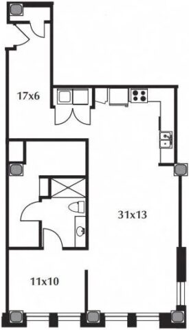B17 Floor Plan The floor plan includes an entry space, kitchen, living area, bedroom, and bath.