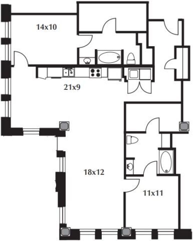 B21 Floor Plan The floor plan includes a kitchen, living area, two bedrooms, and two baths.