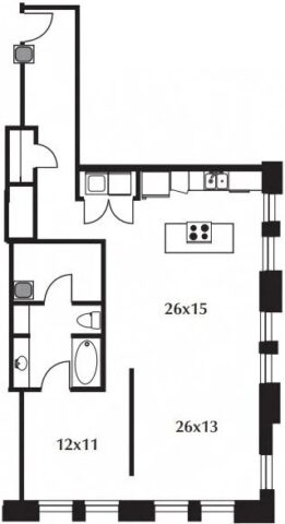 B26 Floor Plan The floor plan includes a kitchen, living area, bedroom, and bath.