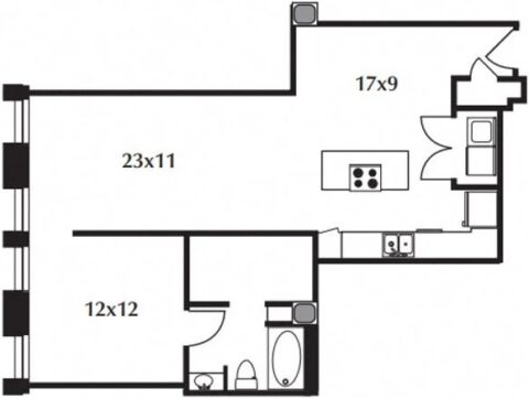 B3 Floor Plan The floor plan includes a kitchen, living area, bedroom, and bath.