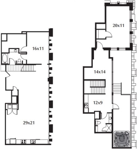 B35 Floor Plan B35 The two-level floor plan includes an entry area, a kitchen and living area, three bedrooms, two baths, an additional room, and a terrace.