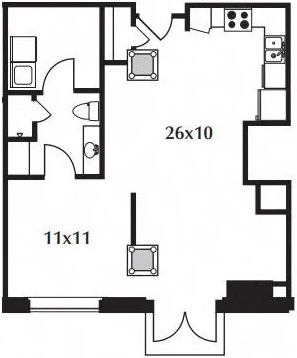 C10 Floor Plan The floor plan includes a kitchen and living area, a bedroom, and a bath.