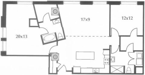 C13 Floor Plan The floor plan includes a kitchen, living area, two bedrooms, and two baths.
