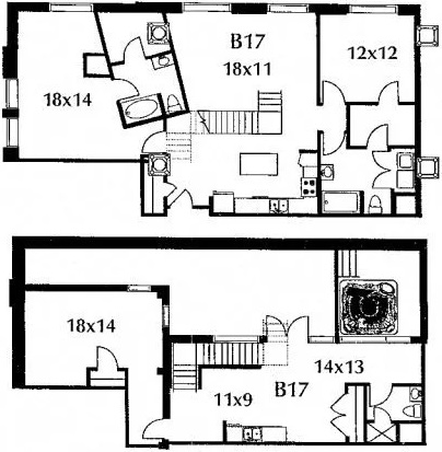 C17 Floor Plan The two-level floor plan includes a kitchen, living area, three bedrooms, three baths, two additional rooms, and a terrace.