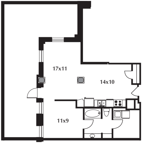 B10.1 floor plan #401 The floor plan includes a kitchen, living area, bedroom, bath, and an enormous terrace. No door on bedroom.