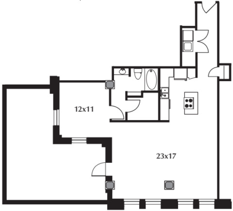 B12.1 floor plan #403. The floor plan includes a kitchen and living area, bedroom, bath, and an enormous terrace. No door on bedroom.