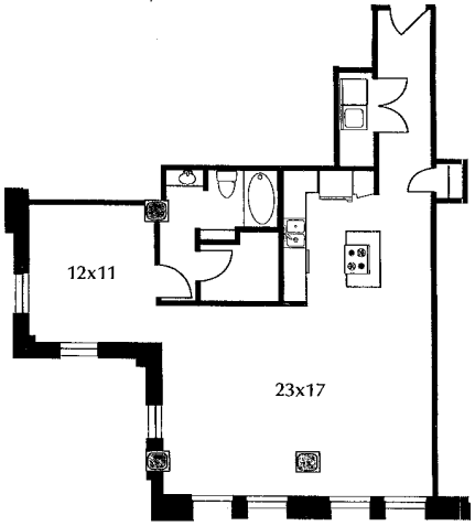 B12 floor plan #503 The floor plan includes a kitchen and living area, bedroom, and bath. No door on bedroom. No door on bedroom.