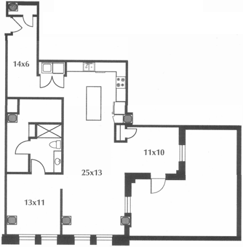 B13.1 floor plan #404 The floor plan includes an entryway, kitchen and living area, bedroom, bath, additional room, and an enormous terrace. No door on bedroom.