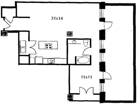 B14.1 floor plan #405 The floor plan includes a kitchen and living area, bedroom, bath, and an enormous terrace. No door on bedroom.