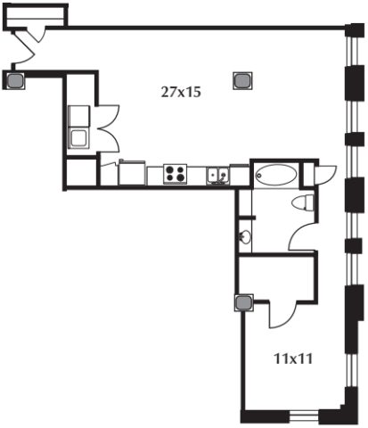B14 floor plan #505. The floor plan includes a kitchen and living area, bedroom, and bath. No door on bedroom.