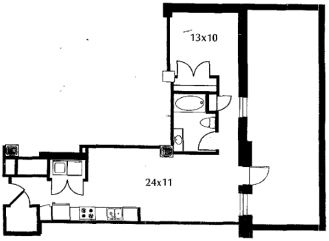 B15.1 floor plan #406 The floor plan includes a kitchen and living area, bedroom, bath, anda n enormous terrace. No door on bedroom.