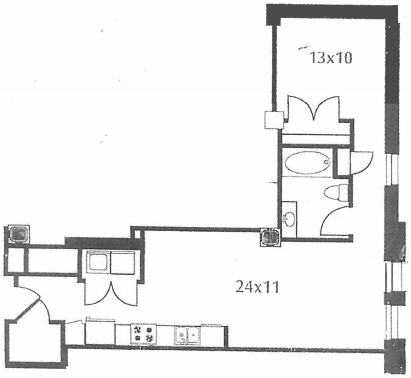 B15 floor plan #506 The floor plan includes a kitchen and living area, bedroom, and bath. No door on bedroom.