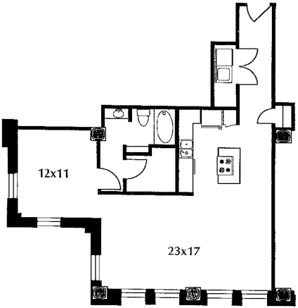B16 floor plan #603 The floor plan includes a kitchen and living area, bedroom, and bath. No door on bedroom.