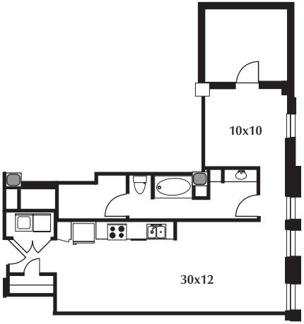 B19.1 floor plan #606 The floor plan includes a kitchen and living area, bedroom, and bath. No door on bedroom.