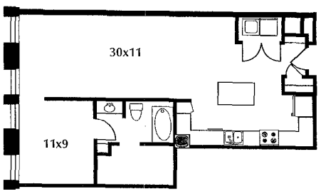 B2 floor plan #202 The floor plan includes a kitchen, living area, bedroom, and bath. No door on bedroom.