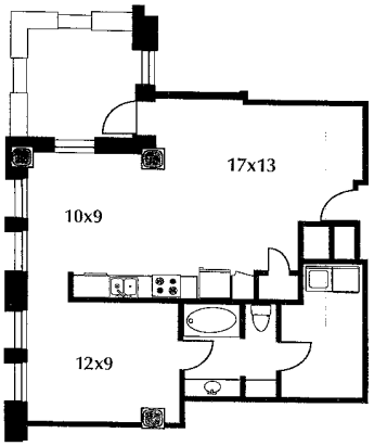 B20.1 floor plan #1001 The floor plan includes a kitchen and living area, bedroom, bath, and terrace. No door on bedroom.