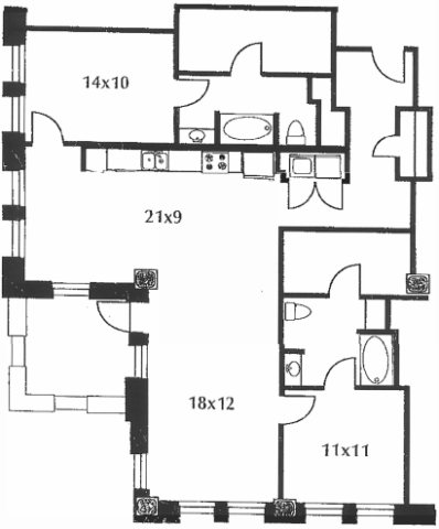 B21.1 floor plan #1002 The floor plan includes a kitchen, living area, two bedrooms, two baths, and a terrace.