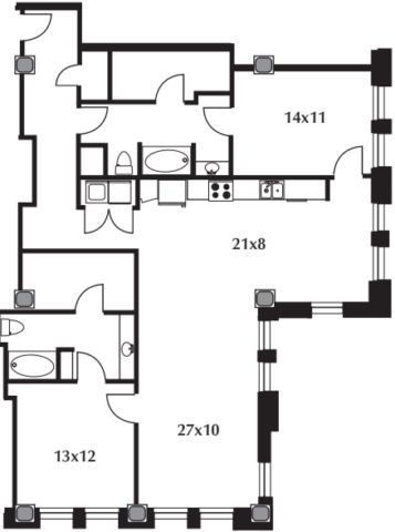 B22 floor plan #1103 The floor plan includes a kitchen, living area, two bedrooms, and two baths.