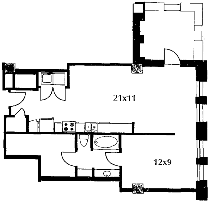 B23.1 floor plan #1004 The floor plan includes a kitchen and living area, a bedroom, a bath, and a terrace. No door on bedroom.