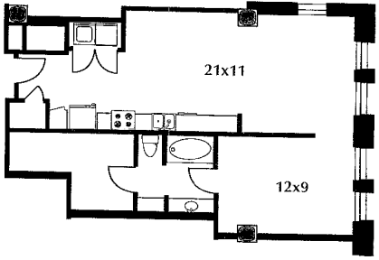 B23 floor plan #1104 The floor plan includes a kitchen and living area, a bedroom, and a bath. No door on bedroom.