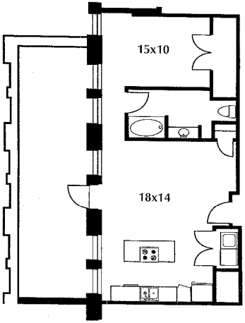 B24.1 floor plan #1201 The floor plan includes a kitchen and living area, a bedroom, a bath, and an enormous terrace. No door on bedroom.