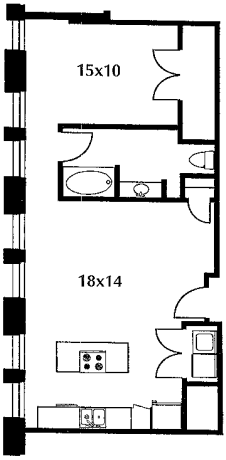 B24 floor plan #1301 The floor plan includes a kitchen and living area, a bedroom, and a bath. No door on bedroom.