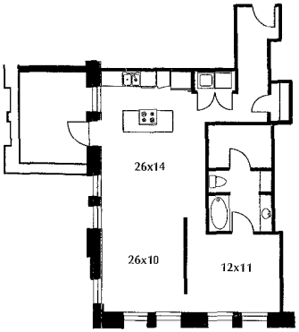 B25.1 floor plan #1202 The floor plan includes a kitchen, living area, bedroom, bath, and terrace. No door on bedroom.