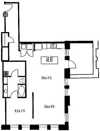 B26.1 floor plan #1203 The floor plan includes a kitchen, living area, bedroom, bath, and terrace. No door on bedroom.