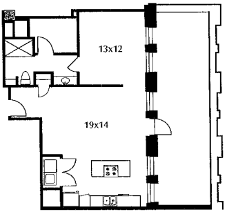 B27.1 floor plan #1204 The floor plan includes a kitchen and living area, bedroom, bath, and an enormous terrace. No door on bedroom.