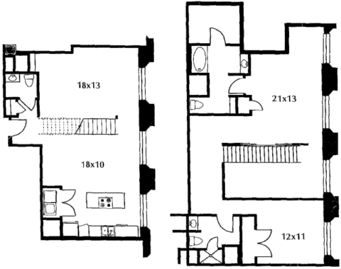 B31 floor plan #1704 The two-level floor plan includes a kitchen, living area, two bedrooms, and 2.5 baths. No door on bedroom.
