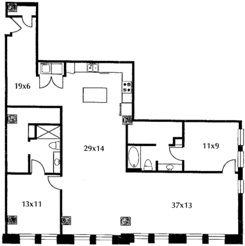 B5 floor plan #305 The floor plan includes 2 bedrooms, 2 baths, a kitchen, a living area, a terrace, and an entryway.