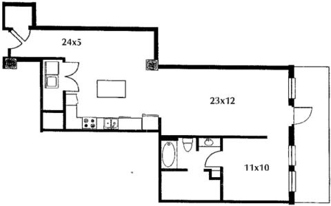 B6.1 floor plan #206 The floor plan includes a kitchen, living area, bedroom, bath, and balcony. No door on bedroom.