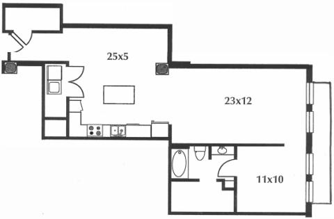 B6 floor plan #306 The floor plan includes a kitchen, living area, bedroom, bath, and balcony. No door on bedroom.