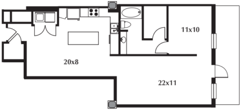 B7 floor plan #207 The floor plan includes a kitchen, living area, bedroom, bath, and terrace. No door on bedroom.
